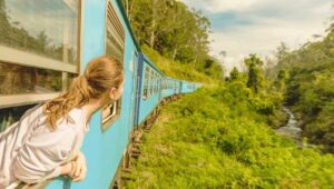 Ragazza in treno guarda il panorama